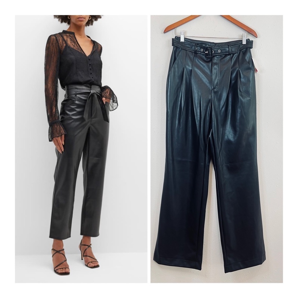 7 For All Mankind Vegan Leather Hi Rise Wide Leg Belted Black Pants Sz M NWT